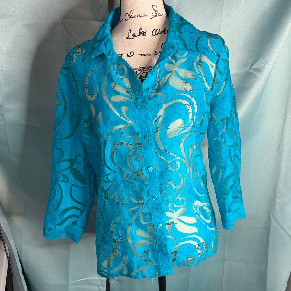 Notations Petite Sheer Button Up 3/4 Sleeve Blouse LP